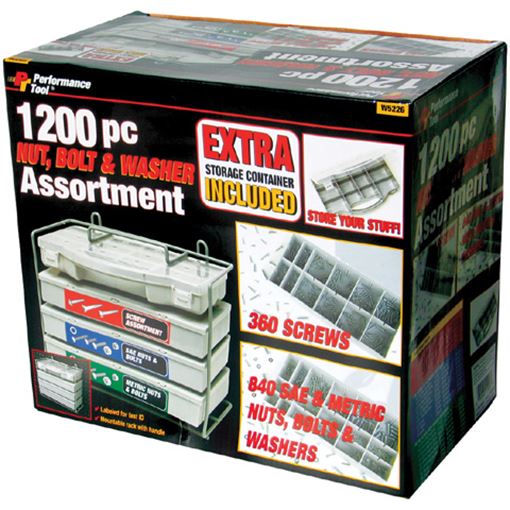 Performance Tool W5226 nut, bolt and washer assortment, 1200 piece set on mountable storage rack