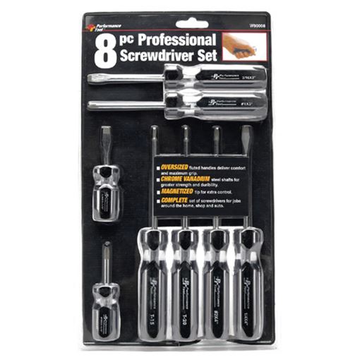 Performance Tool W80008 screwdriver set, 8 piece Phillips, slotted and star drivers with magnetic tips