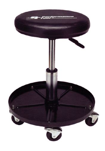 Pneumatic rolling shop stool with padded seat and tool tray