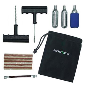 Bronco CO2 tire repair kit with seals, tools, regulator and cartridges in logo bag