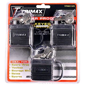 Weatherproof Padlock Keyed Alike 3 Pack, Solid Steel, Trimax TPW3125