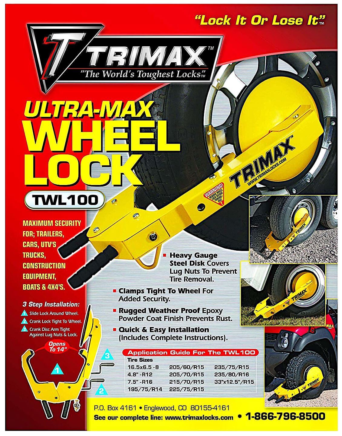 UltraMax Adjustable Wheel Lock, Heavy Steel Disc Trimax TWL100