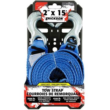 2" X 15' 8,500 lb. Industrial Grade Forged Hook Tow Strap, Blue, Erickson 34405