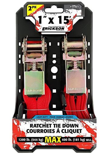 1" X 15' 1,200 Lb. Polyester Ratcheting Tie Downs, 2 Pack, Red, Erickson 34401