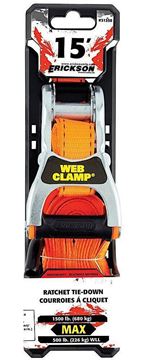 1" X 15' 1,500 Lb. Polyester Web Clamp Ratcheting Tie Down Strap, Erickson 31350
