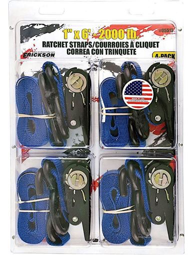 1" X 6' 2,000 Lb Polyester ATV/Motorcycle Ratchet Strap Blue 4pk, Erickson 05513