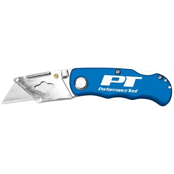 Performance Tool W2601 folding lock back utility knife with blue handle, open