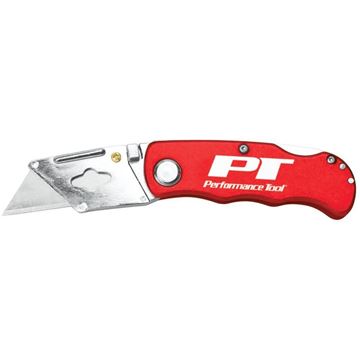 Performance Tool W2600 folding lock back utility knife with red handle, open