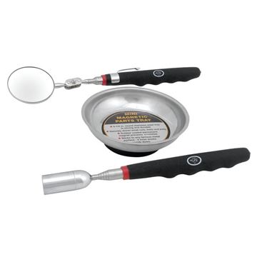 Performance Tool W1932 3 pc. inspection tool set with lighted magnetic pickup tool, telescoping mirror and magnetic parts tray