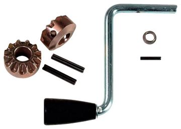 Bulldog sidewind crank and gear kit — crank handle with black grip, two bevel gears, roll pins and washer
