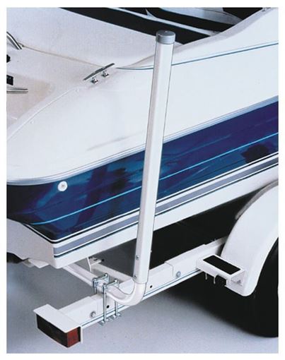 Fulton boat guide post mounted on a trailer frame beside a boat hull
