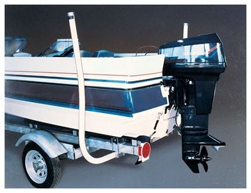 Fulton boat guide posts installed on a trailer carrying a boat with outboard motor, rear view