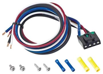 Tekonsha universal brake control wiring harness — coiled red, white, blue and black wires with 4-pin connector, screws and wire connectors
