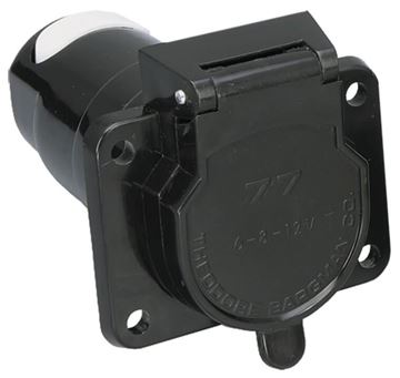 Bargman 7-way connector, vehicle end — black socket with closed dust cover embossed 77, front three-quarter view