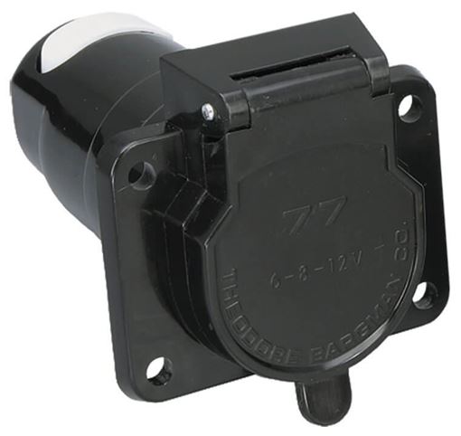 Bargman 7-way connector, vehicle end — black socket with closed dust cover embossed 77, front three-quarter view