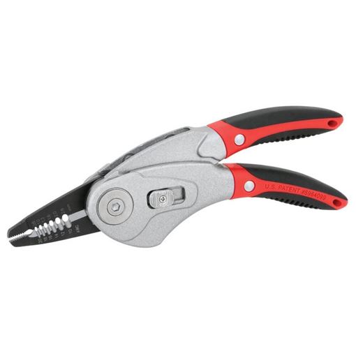 Performance Tool W202 2-in-1 wire stripper and crimper shown open with red and black grips