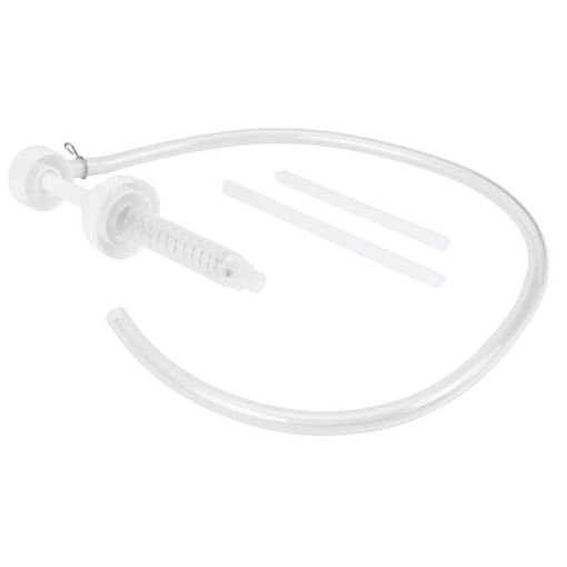 Performance Tool W1139 quart and gallon fluid pump in white with a spring body, clear discharge hose loop and two short clear tubes
