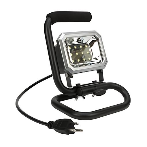 Performance Tool W2401 portable LED work light on a black tubular stand with foam grip, silver reflector housing with multiple LEDs and a cord with 2-prong plug