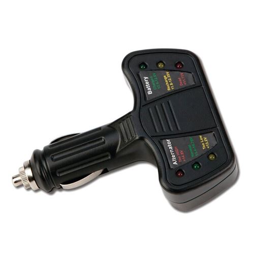 Performance Tool W2989 black T-shaped battery alternator tester with cigarette lighter plug and battery and alternator LED panels