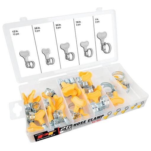 Performance Tool W5231 key type hose clamp assortment in an open storage case with yellow keys