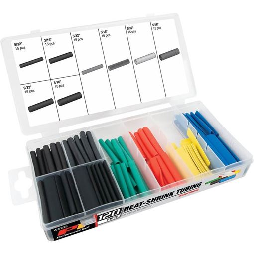 Performance Tool W5233 heat shrink tubing set in an open clear divided case with black, green, red, yellow and blue tubing
