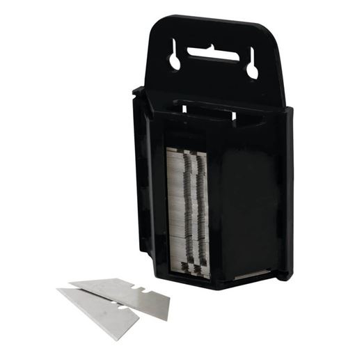 Performance Tool W7501 utility knife blades 100 pack in black dispenser case with a stack of silver blades and two loose blades in front