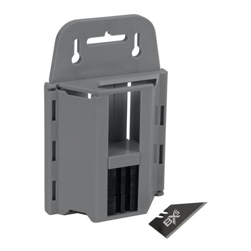 Performance Tool W7505 BX5 utility knife blades 50 pack in gray dispenser case with black blades and one loose black BX5 blade in front