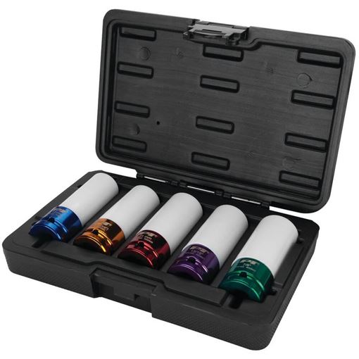 Performance Tool W32902 thin wall impact socket set with five color coded sockets with white protective sleeves seated in an open black blow mold case