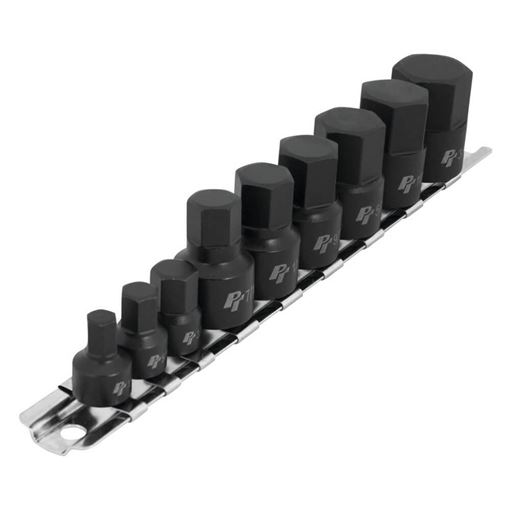 Performance Tool W38963 impact SAE hex bit socket set with nine black stubby hex bit sockets on a metal storage rail