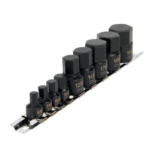 Performance Tool W38964 impact metric hex bit socket set with nine black stubby metric hex bit sockets on a metal rail with 6 mm to 19 mm markings