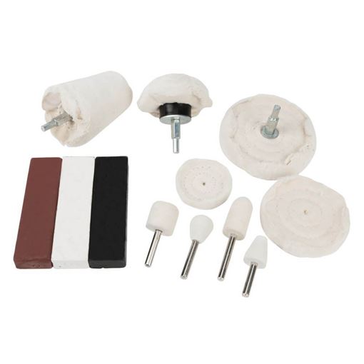 Performance Tool W50090 aluminum polishing kit laid out with brown, white and black compound bars, buffing wheels and pads, and four felt shapes on shafts
