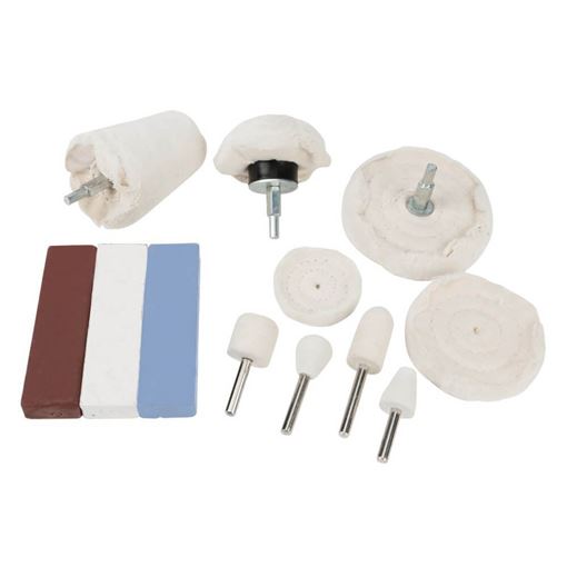 Performance Tool W50091 stainless polishing kit laid out with reddish-brown, white and blue compound bars, buffing wheels and pads, and four felt shapes on shafts