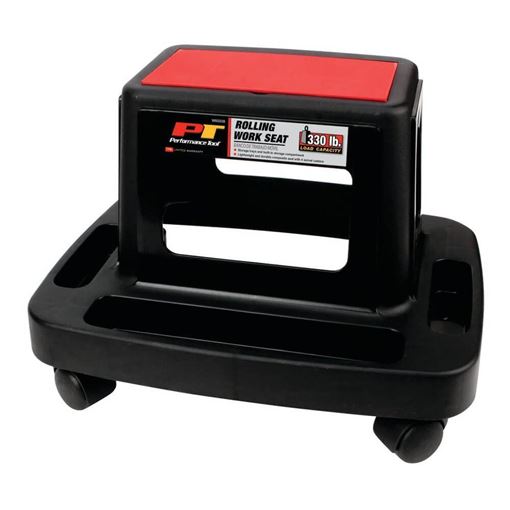 Performance Tool W85026 black rolling work seat with red seat pad, storage tray base and swivel casters