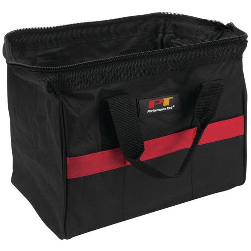 Performance Tool W88985 12 in tool bag in black with a red stripe, carry handles and the zipper top open