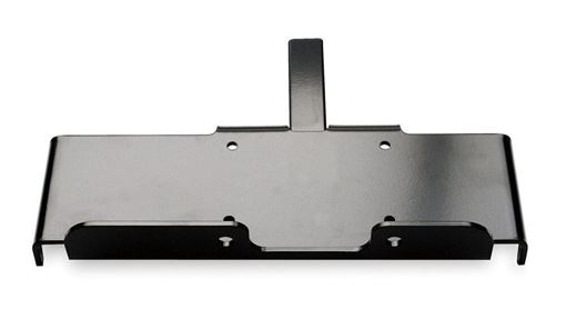 Black powder coated steel winch carrier plate with mounting holes and a 2 in receiver shank on a white background