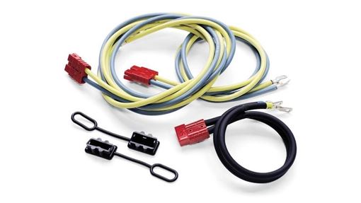 Quick connect wiring kit with coiled yellow and blue battery leads, red quick connectors, a black winch lead and two black dust covers