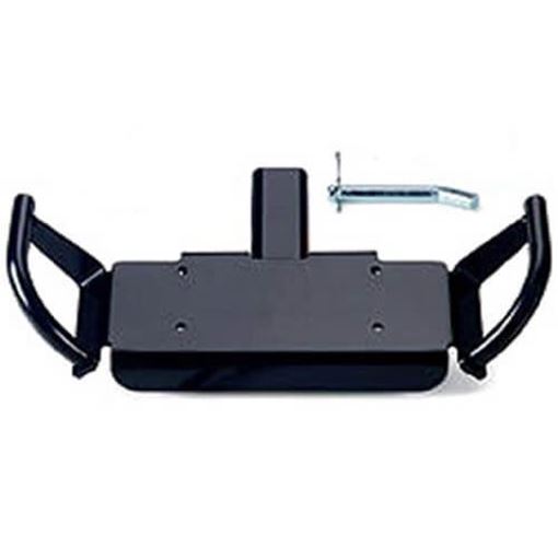 Black steel winch carrier with side grab bars and a 2 in receiver shank on a white background