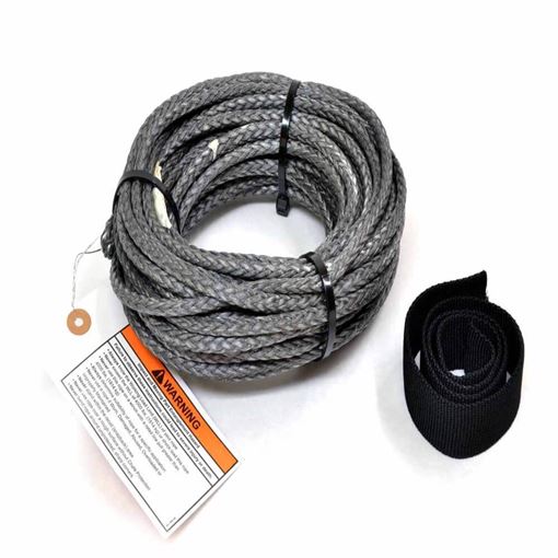 Coiled gray braided synthetic winch rope with a warning tag and a rolled black rock guard sleeve beside it