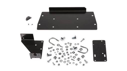WARN 82001 black winch mount plate, brackets and mounting hardware laid out for Kubota RTV500