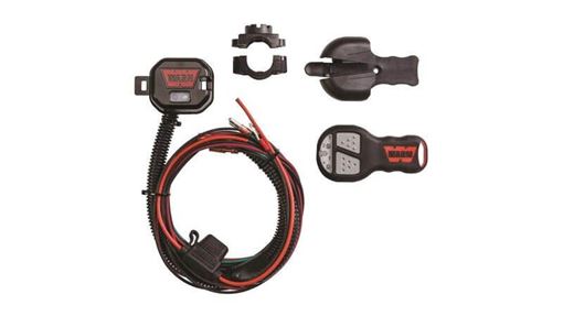 WARN wireless control kit with receiver and coiled wiring harness, handlebar mount pieces, holster and key fob transmitter with a red WARN logo