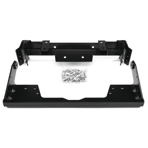Black WARN 93533 front plow mount frame for John Deere Gator XUV 550 with a bag of mounting hardware on a white background