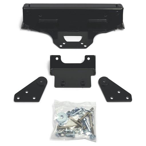 Black WARN 96322 front plow mount brackets and plates for Polaris Sportsman with a bag of mounting hardware on a white background