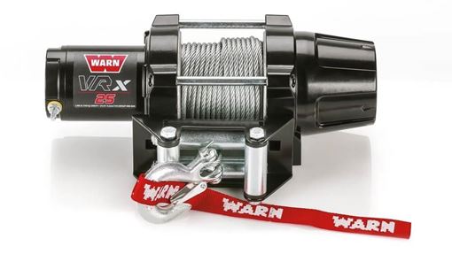 WARN VRX 25 black ATV winch with steel rope on the drum, roller fairlead and zinc hook with red WARN hook strap
