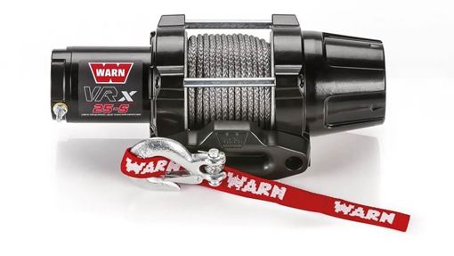 WARN VRX 25-S black ATV winch with gray synthetic rope, black hawse fairlead and zinc hook with red WARN hook strap