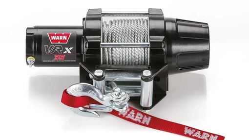 WARN VRX 35 black ATV winch with steel rope on the drum, roller fairlead and zinc hook with red WARN hook strap