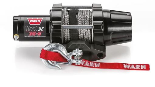 WARN VRX 35-S black ATV winch with gray synthetic rope, black hawse fairlead and zinc hook with red WARN hook strap