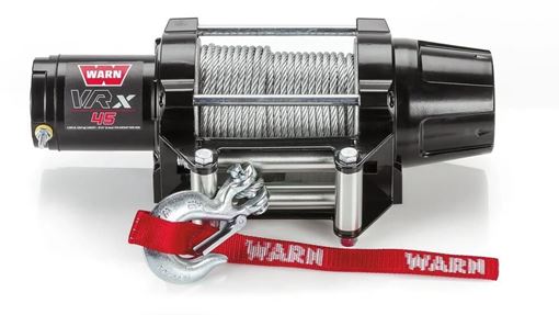 WARN VRX 45 black UTV winch with steel rope on the drum, roller fairlead and zinc hook with red WARN hook strap