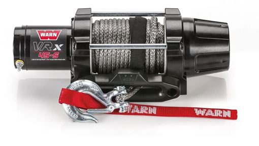 WARN VRX 45-S black UTV winch with gray synthetic rope, black hawse fairlead and zinc hook with red WARN hook strap