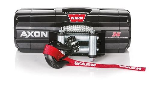 WARN AXON 35 black enclosed-housing winch with steel rope, roller fairlead and black hook with red WARN hook strap