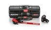 WARN AXON 35-S black enclosed-housing winch with synthetic rope and hawse fairlead, shown with the Rockerbar digital control switch